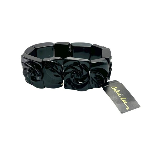VTG Cookie Lee Bracelet Carved Jet Black Rosette Square‎ Bead Chunky Stretch NEW - Picture 1 of 7